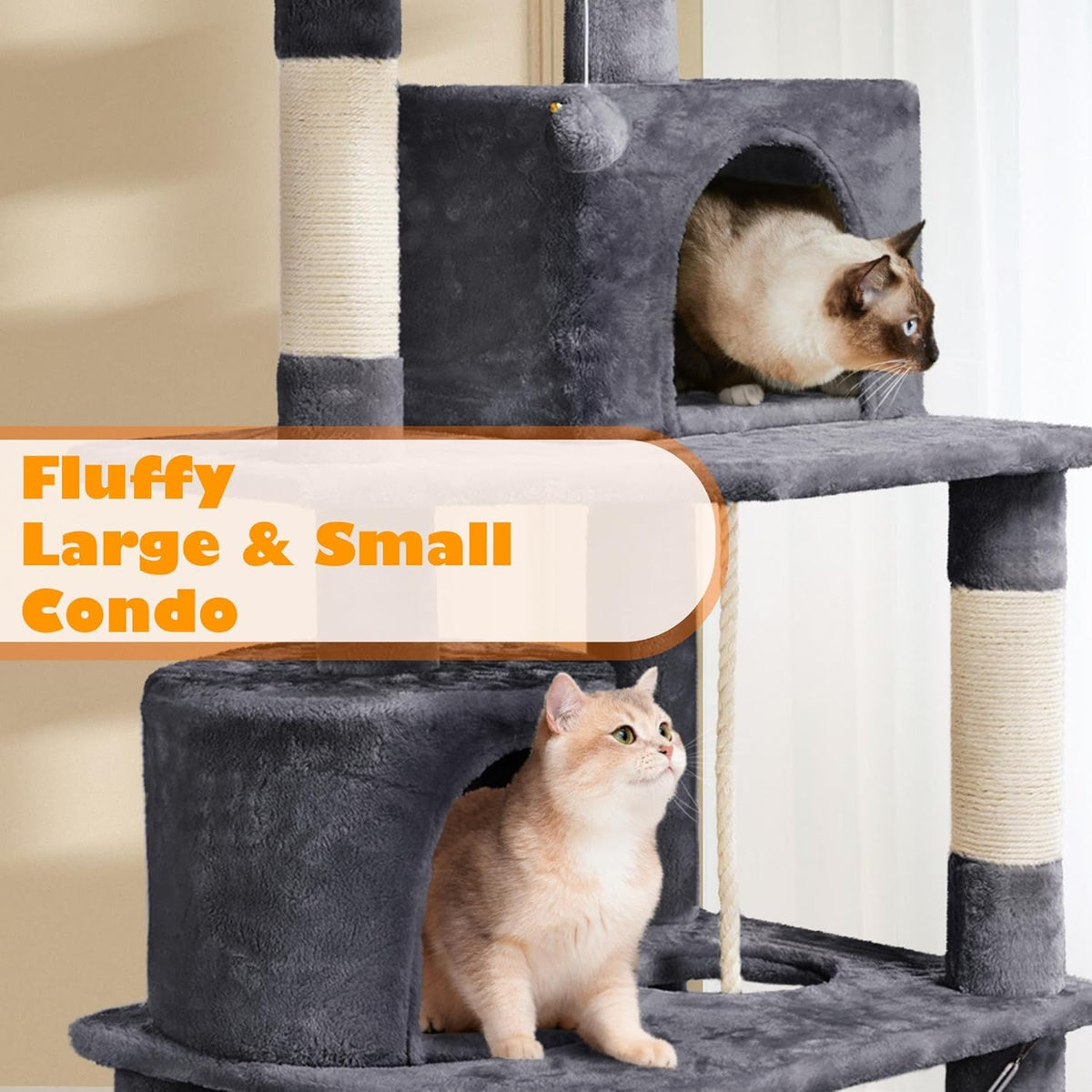 62.5In Tall Cat Tree W/2 Cat-Ear Perches & 2 Condos, Dark Gray
