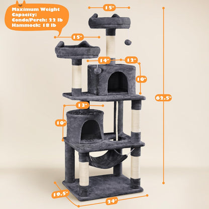 62.5In Tall Cat Tree W/2 Cat-Ear Perches & 2 Condos, Dark Gray