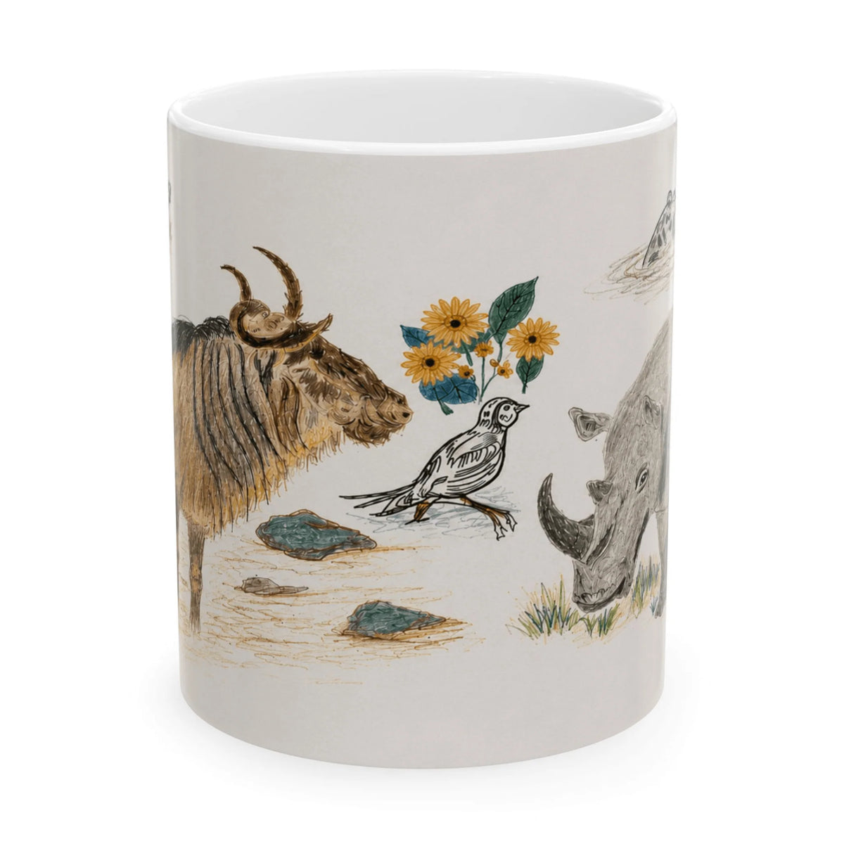 Pimsart Safari Rhino and Wildebeest Mug from Original Drawing
