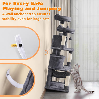 62.5In Tall Cat Tree W/2 Cat-Ear Perches & 2 Condos, Dark Gray