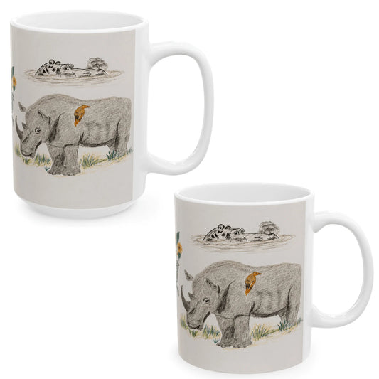 Pimsart Safari Rhino and Wildebeest Mug from Original Drawing