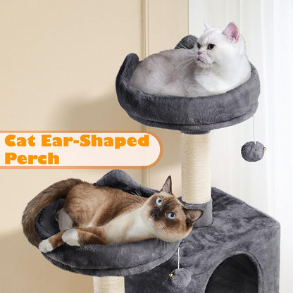 62.5In Tall Cat Tree W/2 Cat-Ear Perches & 2 Condos, Dark Gray