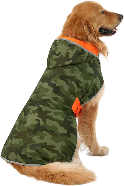 2-In-1 Reversible Dog Raincoat Hooded Poncho Rain Jacket Org Camo L