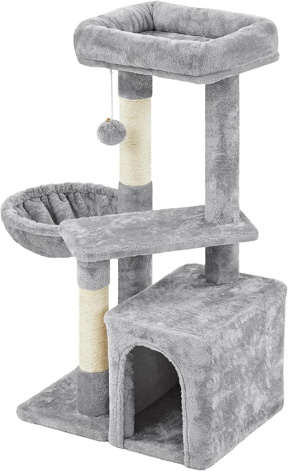 34In Small Cat Tree W/Condo & Basket for Indoor Cats, Light Gray