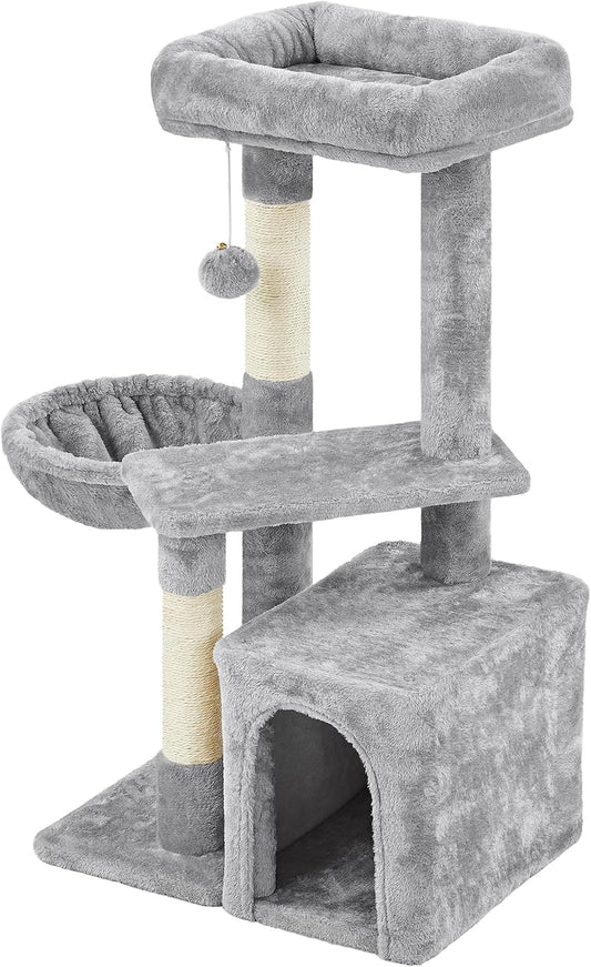 34In Small Cat Tree W/Condo & Basket for Indoor Cats, Light Gray