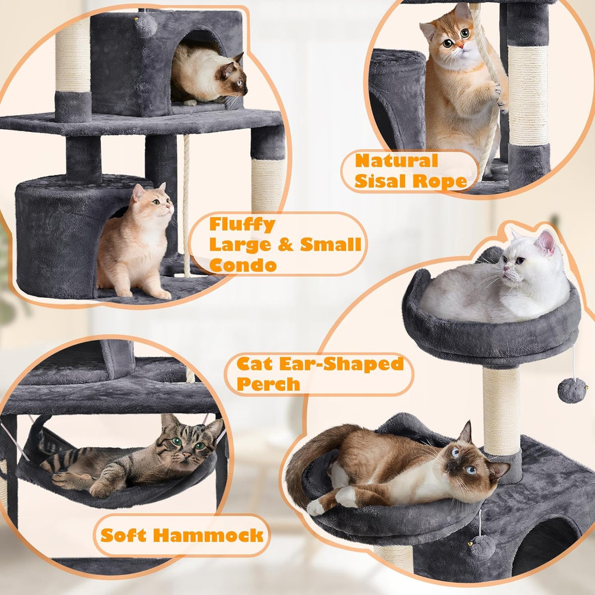 62.5In Tall Cat Tree W/2 Cat-Ear Perches & 2 Condos, Dark Gray