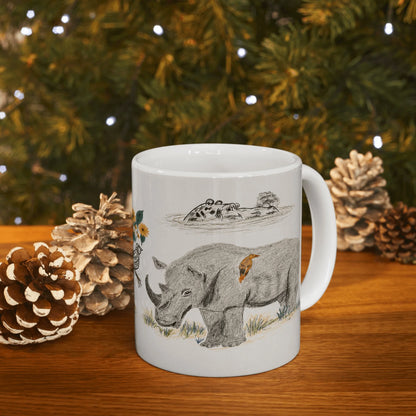 Pimsart Safari Rhino and Wildebeest Mug from Original Drawing