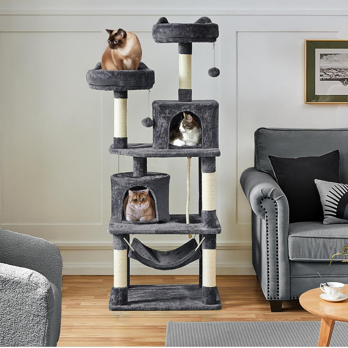 62.5In Tall Cat Tree W/2 Cat-Ear Perches & 2 Condos, Dark Gray