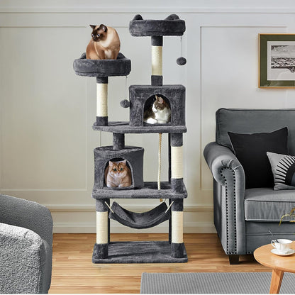 62.5In Tall Cat Tree W/2 Cat-Ear Perches & 2 Condos, Dark Gray