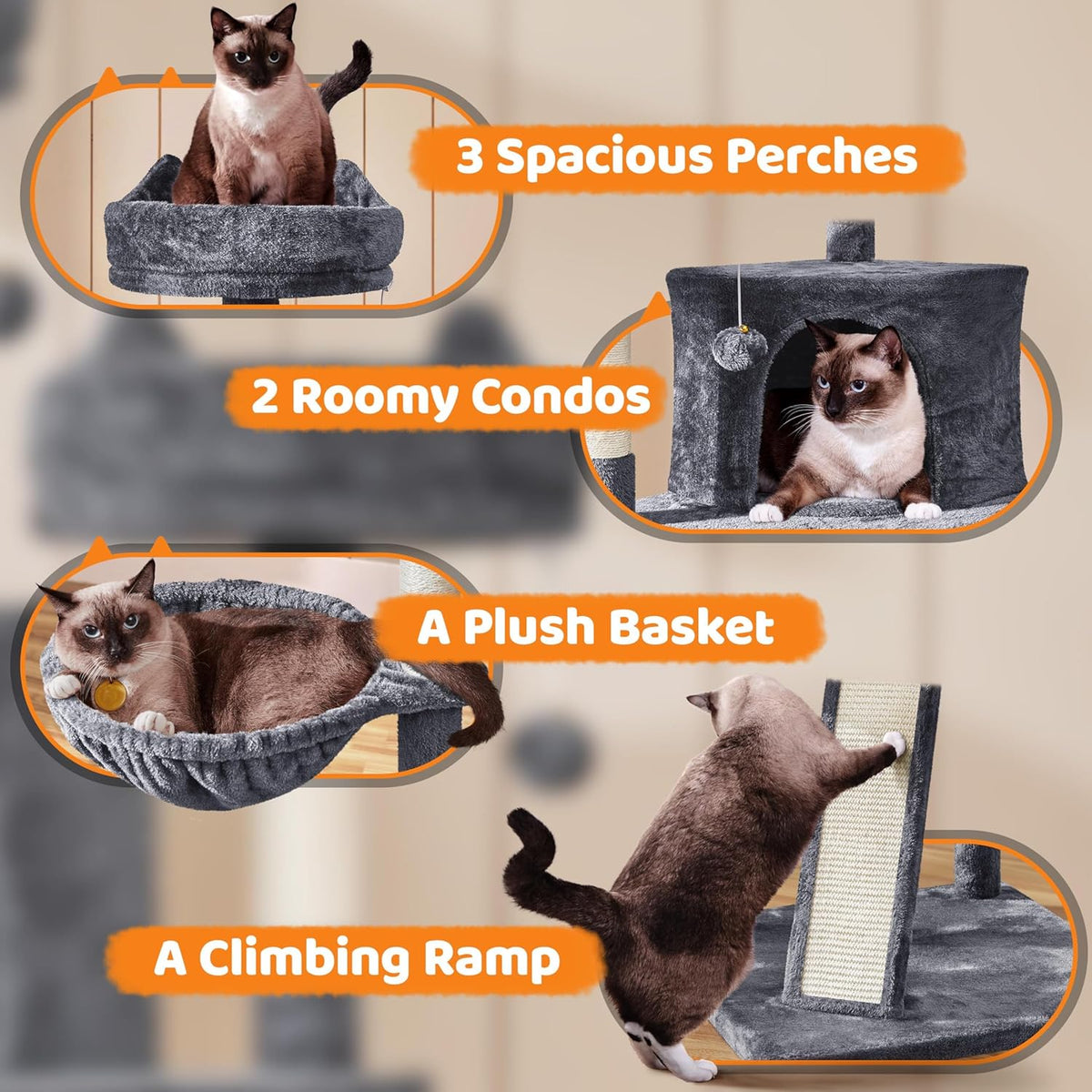 69In Cat Tree Tower, 2 Condos, Scratching Posts & Cat-Ear Perches