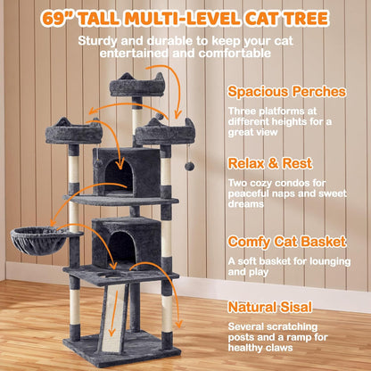69In Cat Tree Tower, 2 Condos, Scratching Posts & Cat-Ear Perches