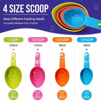 Dog Food Scoop Set of 4 - Plastic Measuring Cups for Dog, Cat and Bird Food (Random Color)