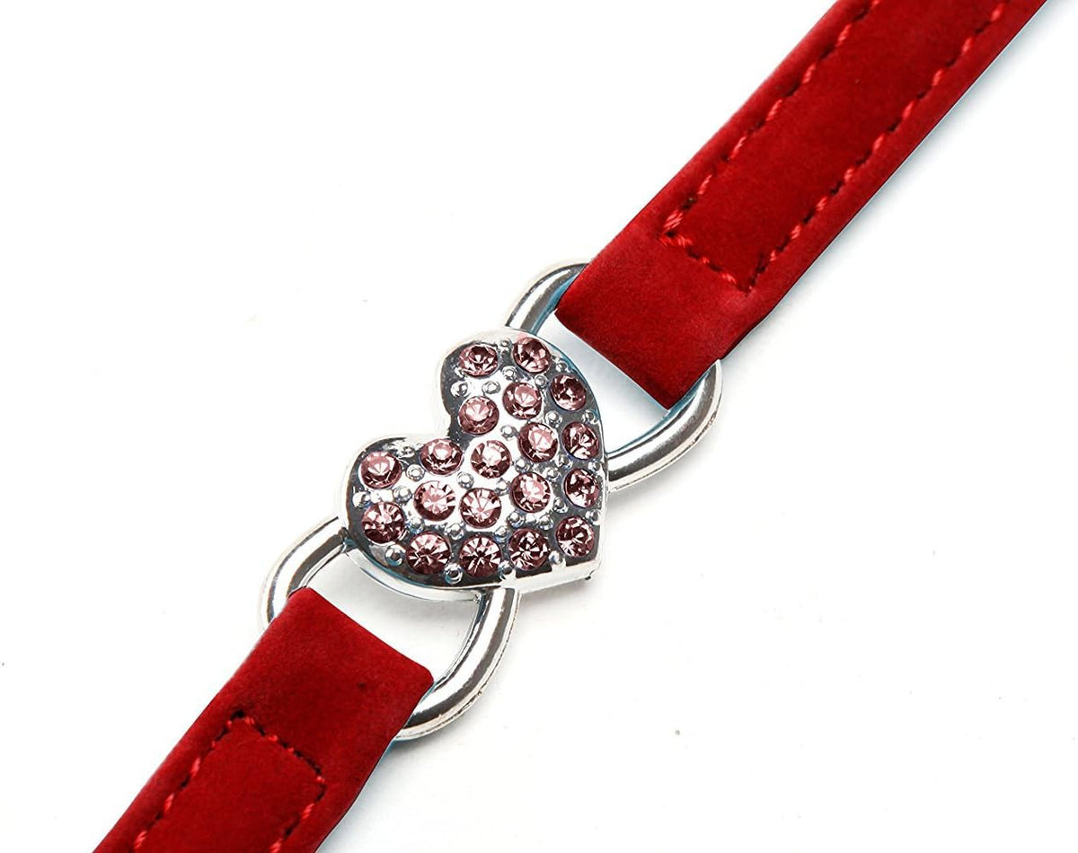 Pink Soft Velvet Safe Cat Adjustable Collar with Crystal Heart Charm and Bells 8-11 Inches (Red)