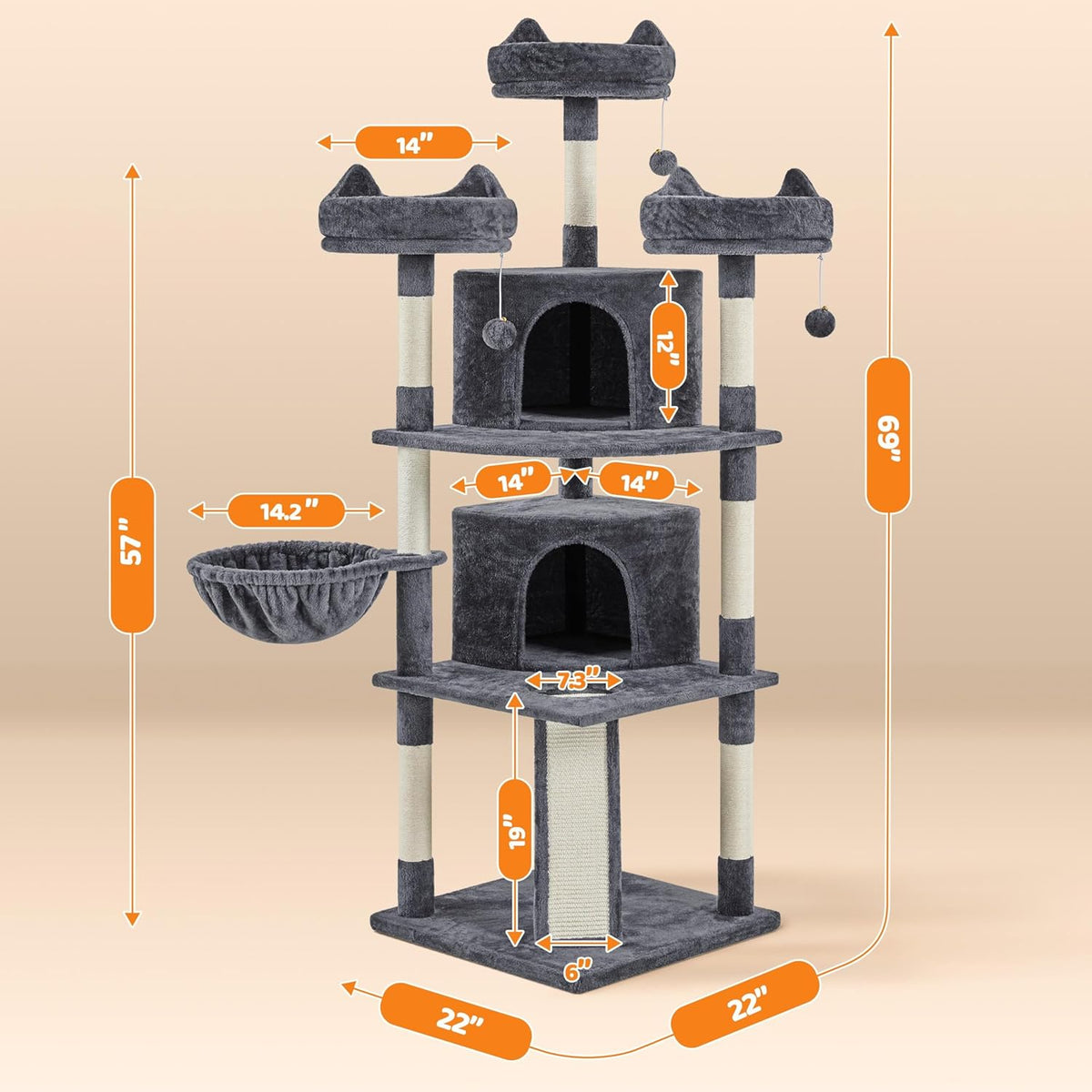 69In Cat Tree Tower, 2 Condos, Scratching Posts & Cat-Ear Perches