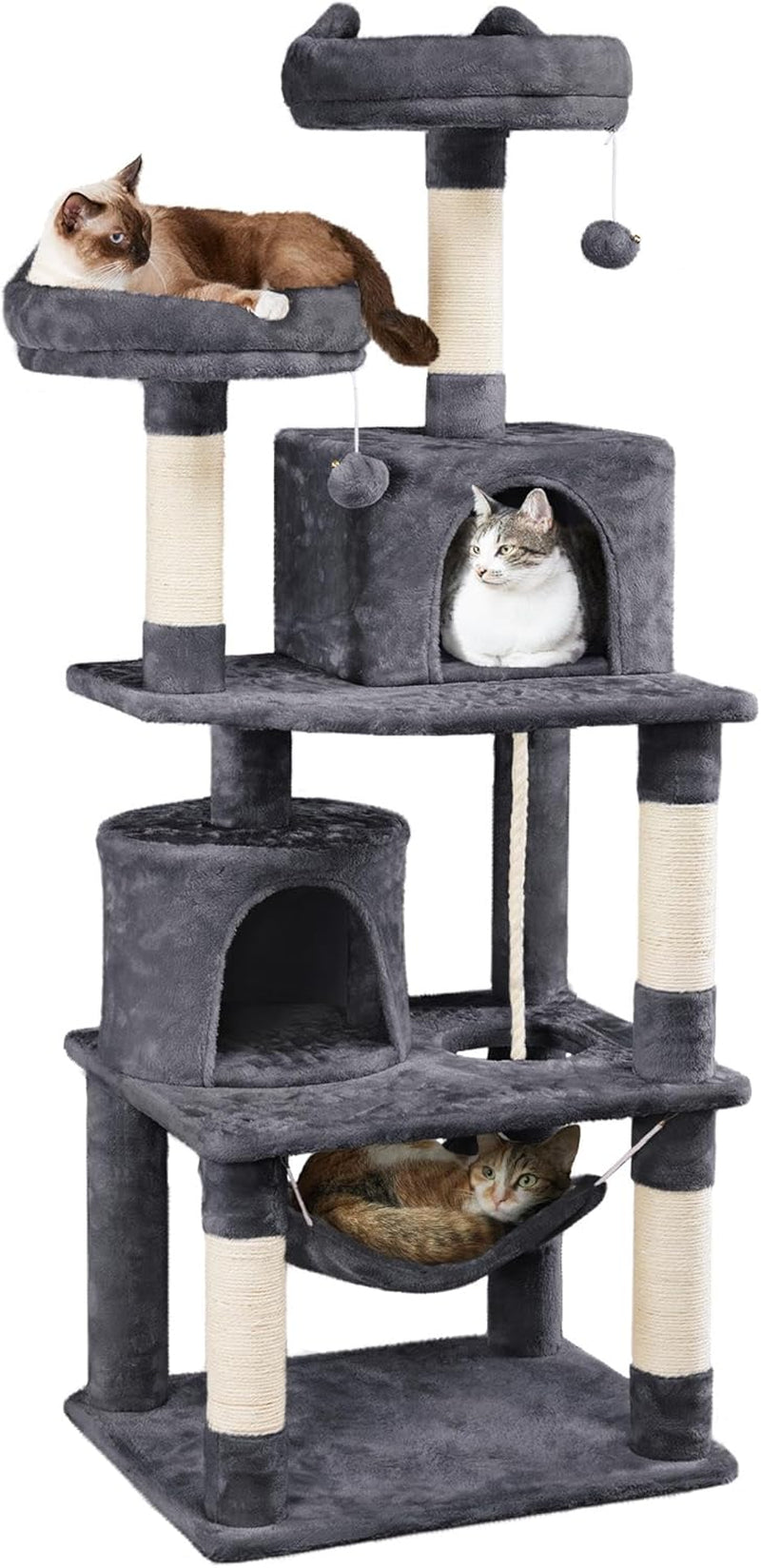 62.5In Tall Cat Tree W/2 Cat-Ear Perches & 2 Condos, Dark Gray