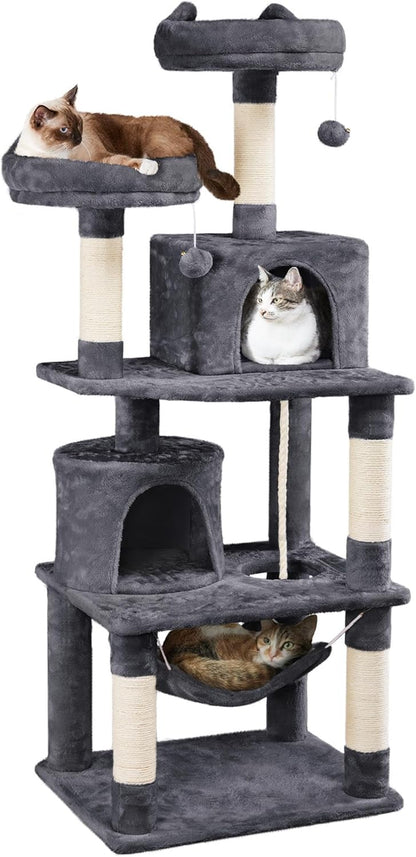 62.5In Tall Cat Tree W/2 Cat-Ear Perches & 2 Condos, Dark Gray