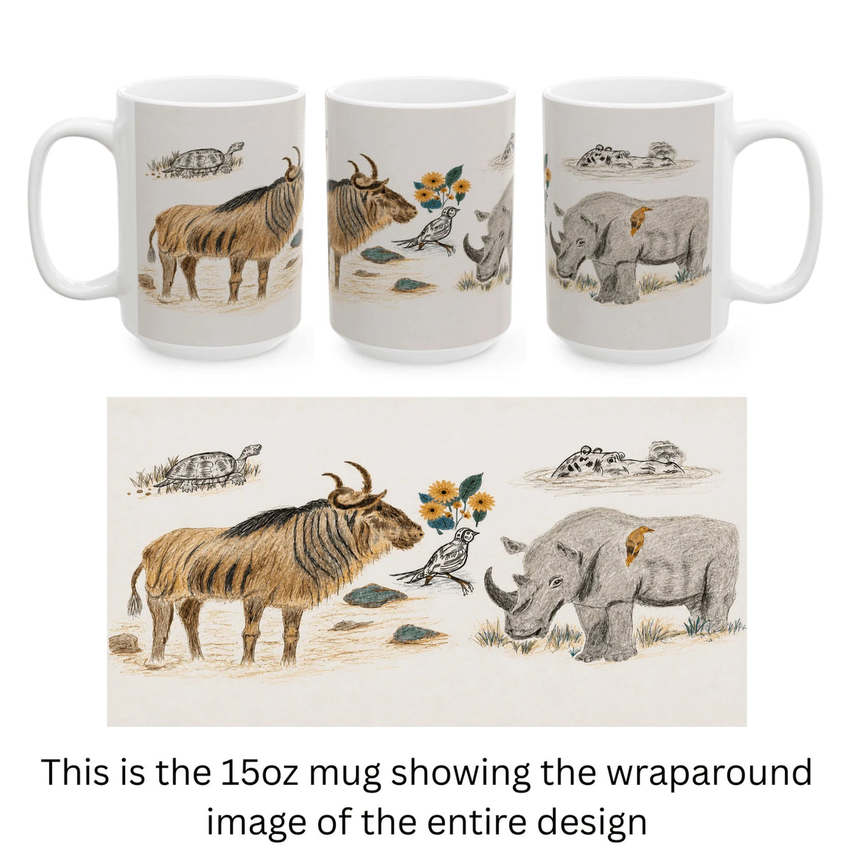 Pimsart Safari Rhino and Wildebeest Mug from Original Drawing