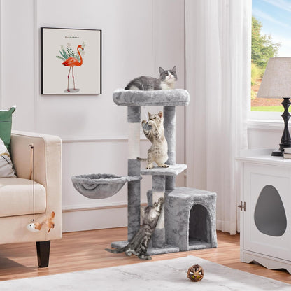 34In Small Cat Tree W/Condo & Basket for Indoor Cats, Light Gray