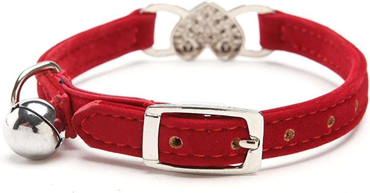 Pink Soft Velvet Safe Cat Adjustable Collar with Crystal Heart Charm and Bells 8-11 Inches (Red)